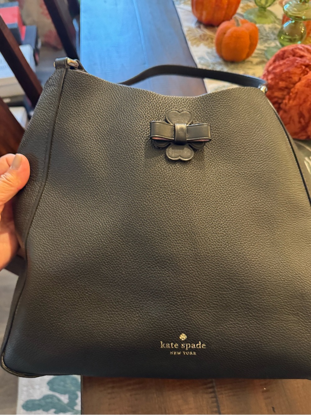 kate spade Black Pebbled Leather Shoulder Bag with Bow Accent